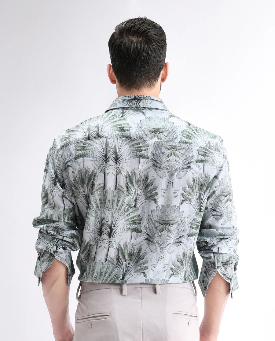 Rare Rabbit Men's Reca Light Green Viscose Abstract Print Regular Fit Full Sleeve Collared Shirt