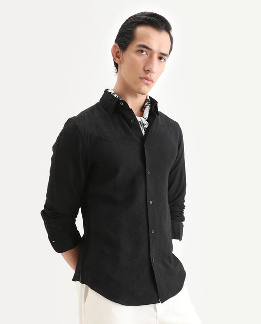 Rare Rabbit Men's Redif-26 Black Viscose Blend Fabric Full Sleeve Spread Collar Regular Fit Jacquard Shirt