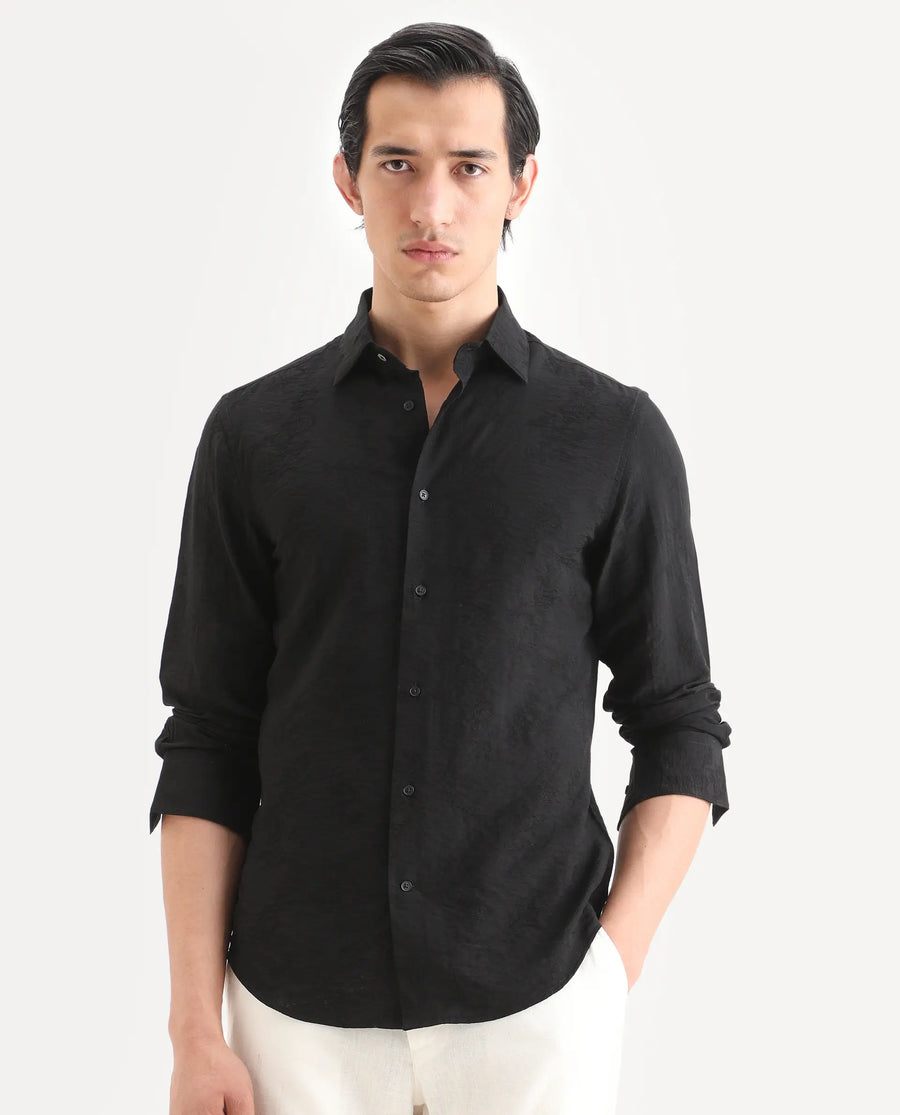 Rare Rabbit Men's Redif-26 Black Viscose Blend Fabric Full Sleeve Spread Collar Regular Fit Jacquard Shirt