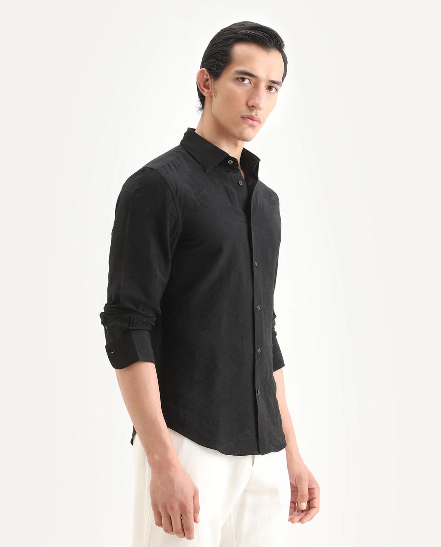 Rare Rabbit Men's Redif-26 Black Viscose Blend Fabric Full Sleeve Spread Collar Regular Fit Jacquard Shirt
