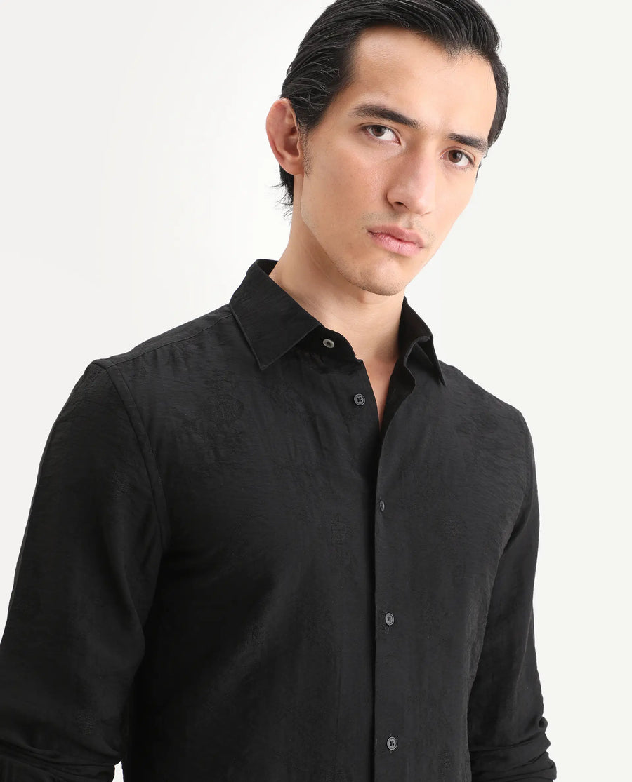 Rare Rabbit Men's Redif-26 Black Viscose Blend Fabric Full Sleeve Spread Collar Regular Fit Jacquard Shirt