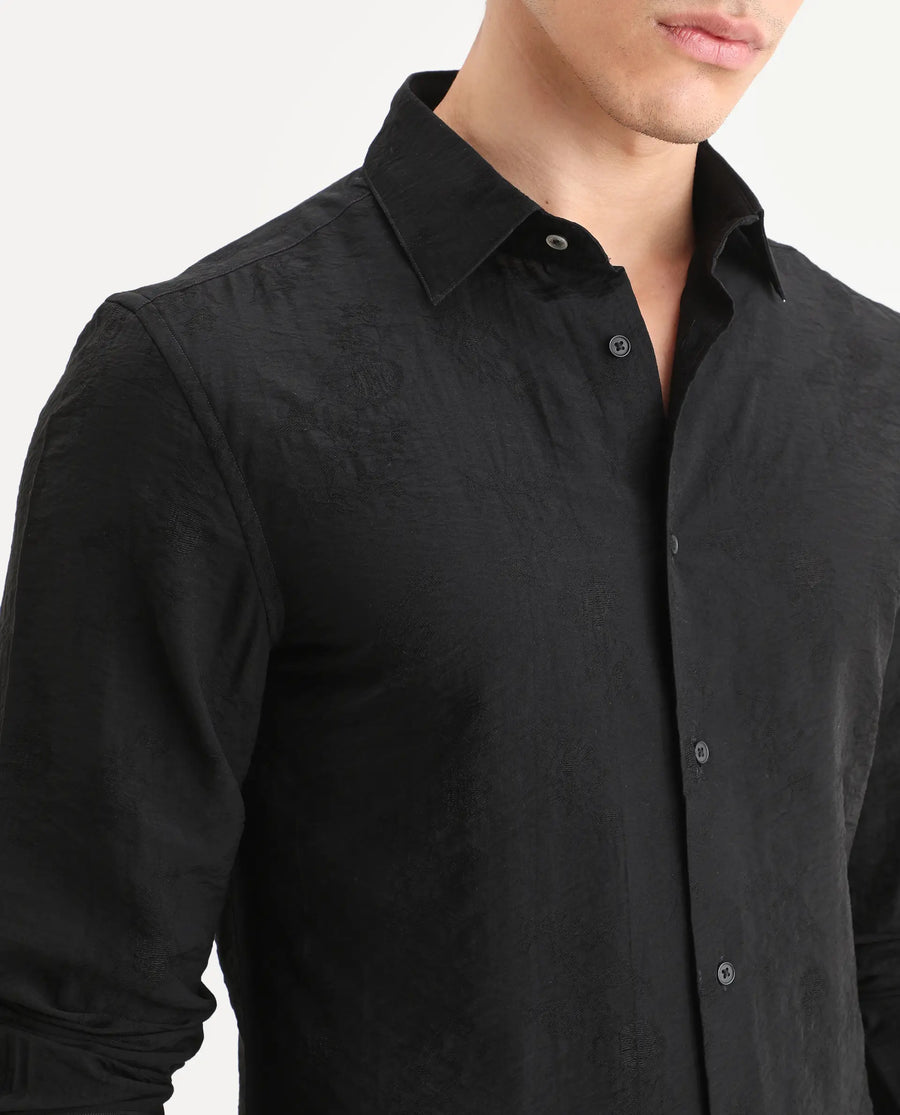 Rare Rabbit Men's Redif-26 Black Viscose Blend Fabric Full Sleeve Spread Collar Regular Fit Jacquard Shirt