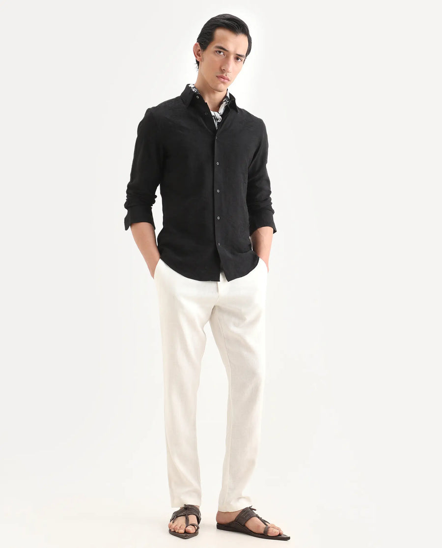 Rare Rabbit Men's Redif-26 Black Viscose Blend Fabric Full Sleeve Spread Collar Regular Fit Jacquard Shirt
