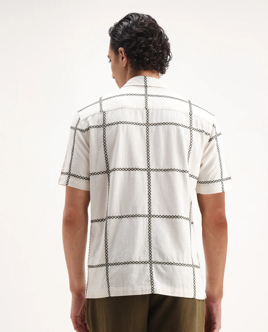 Rare Rabbit Men's Refty Off White Cotton Blend Embroidered Boxy Fit Half Sleeve Cuban Collar Shirt