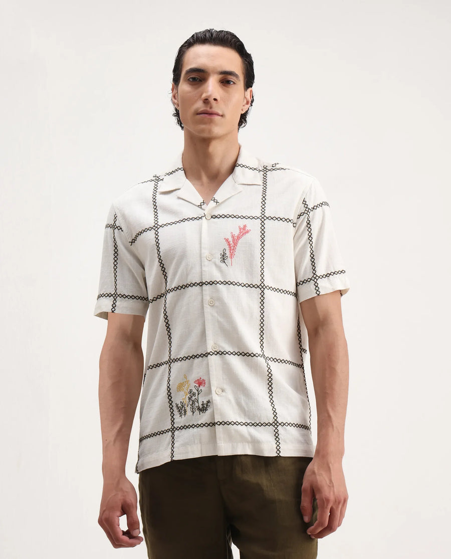 Rare Rabbit Men's Refty Off White Cotton Blend Embroidered Boxy Fit Half Sleeve Cuban Collar Shirt