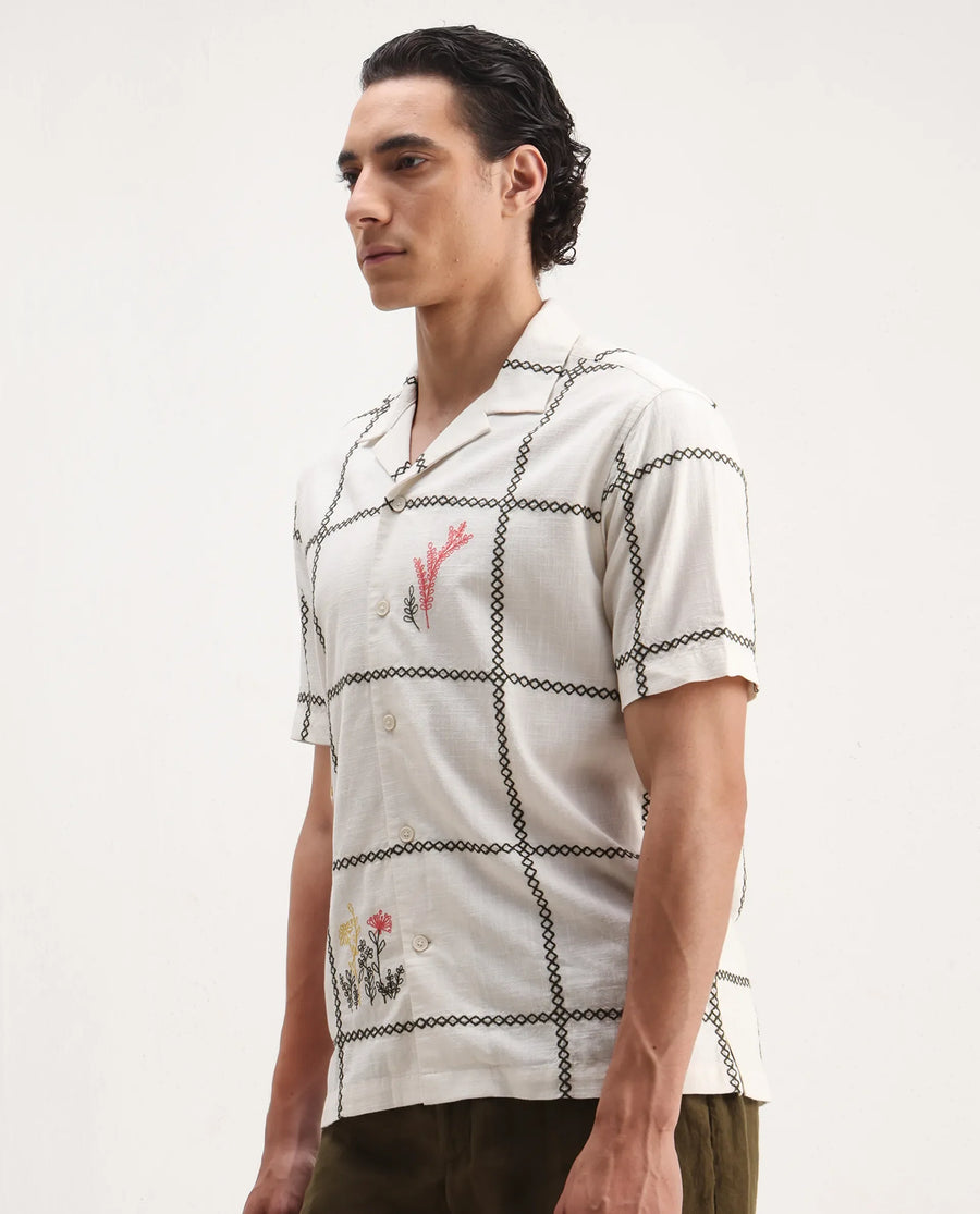 Rare Rabbit Men's Refty Off White Cotton Blend Embroidered Boxy Fit Half Sleeve Cuban Collar Shirt