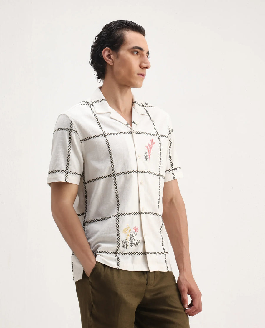 Rare Rabbit Men's Refty Off White Cotton Blend Embroidered Boxy Fit Half Sleeve Cuban Collar Shirt