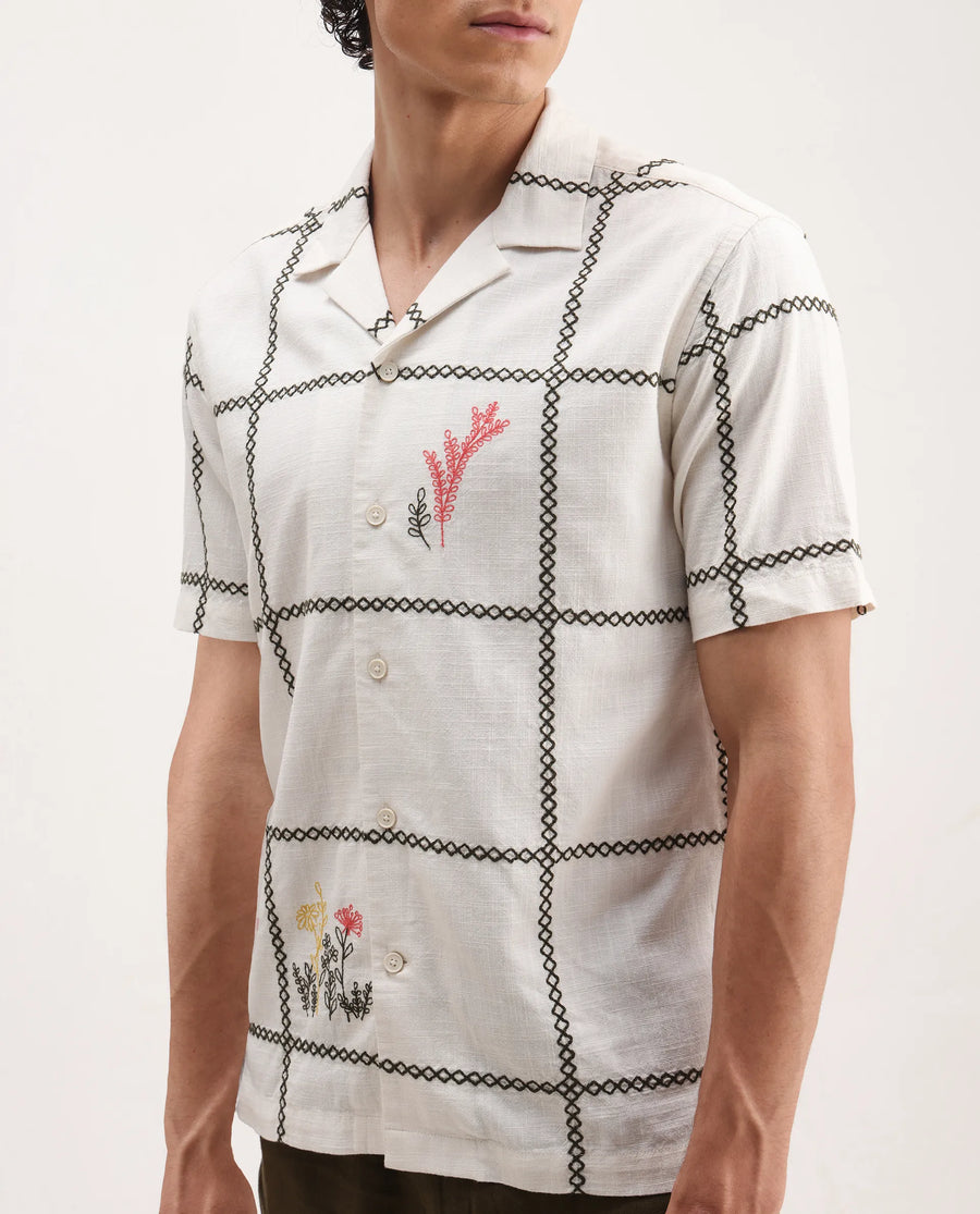 Rare Rabbit Men's Refty Off White Cotton Blend Embroidered Boxy Fit Half Sleeve Cuban Collar Shirt