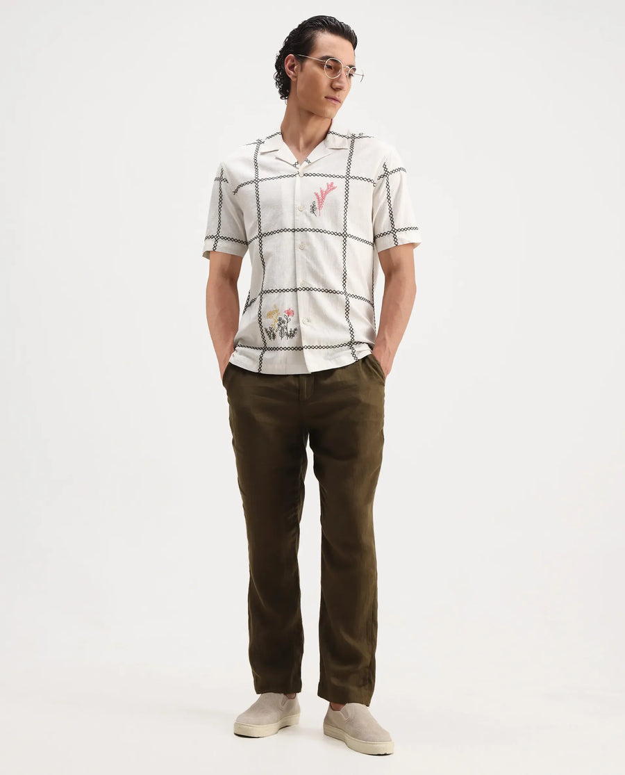 Rare Rabbit Men's Refty Off White Cotton Blend Embroidered Boxy Fit Half Sleeve Cuban Collar Shirt