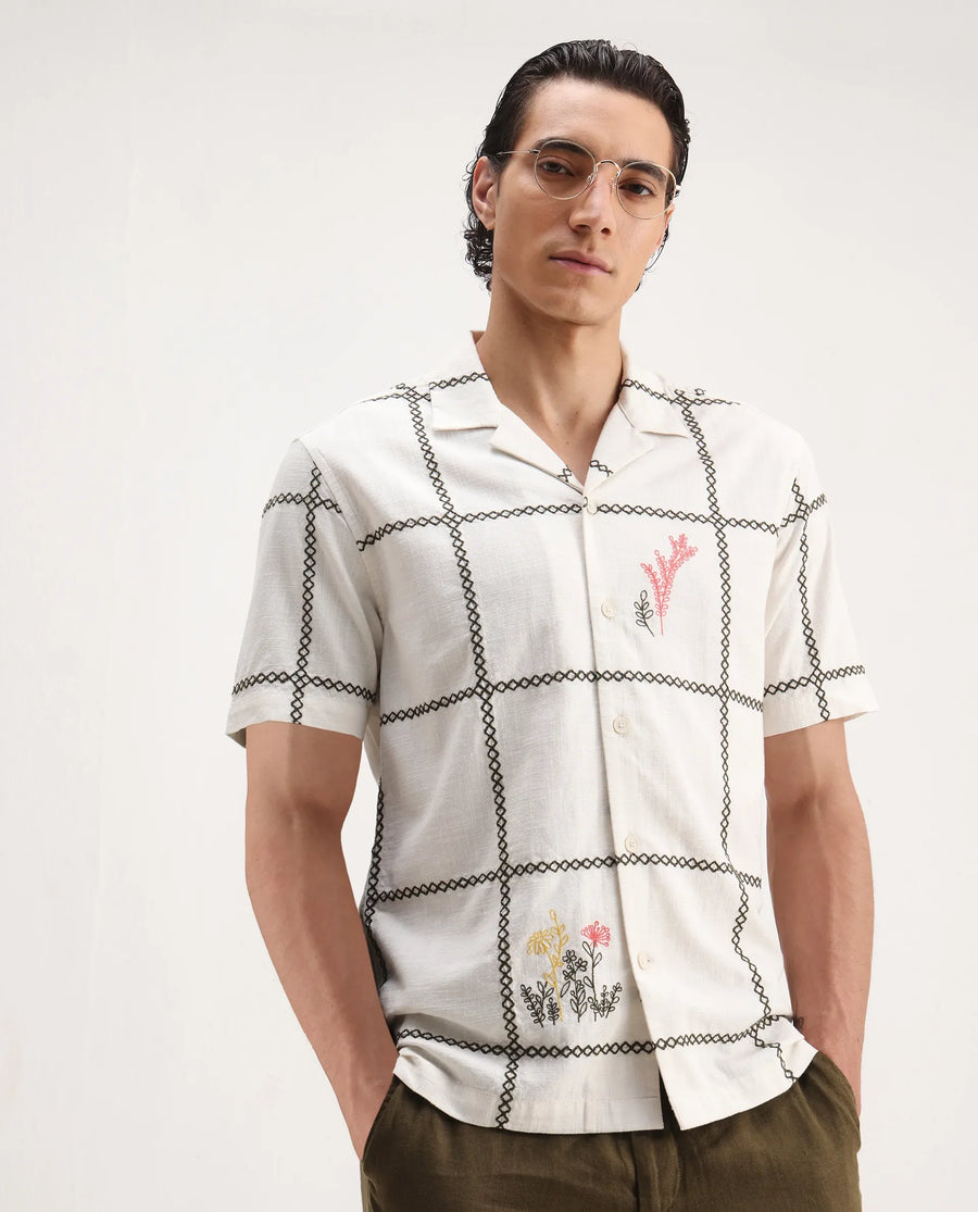 Rare Rabbit Men's Refty Off White Cotton Blend Embroidered Boxy Fit Half Sleeve Cuban Collar Shirt