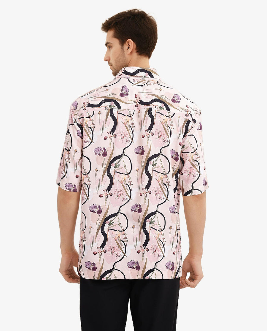 Rare Rabbit Men's Rigel Pastel Peach Viscose Floral Print Boxy Fit Half Sleeve Collared Shirt