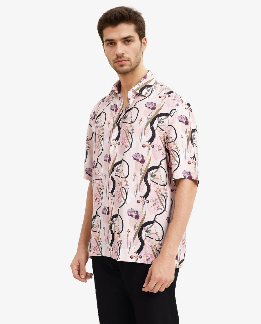 Rare Rabbit Men's Rigel Pastel Peach Viscose Floral Print Boxy Fit Half Sleeve Collared Shirt