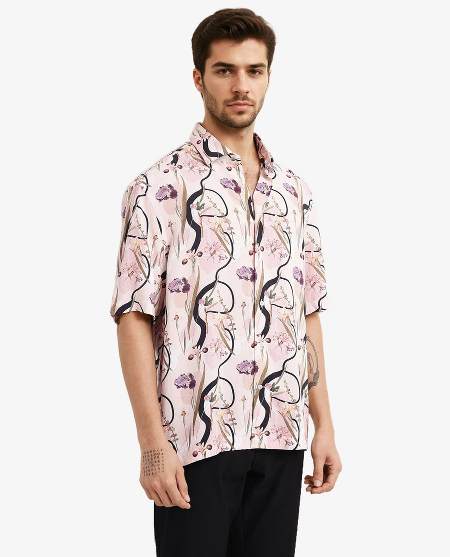 Rare Rabbit Men's Rigel Pastel Peach Viscose Floral Print Boxy Fit Half Sleeve Collared Shirt