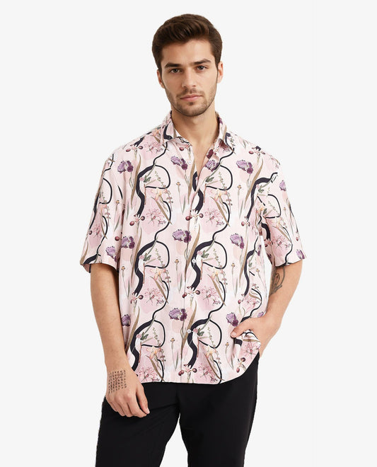 Rare Rabbit Men's Rigel Pastel Peach Viscose Floral Print Boxy Fit Half Sleeve Collared Shirt