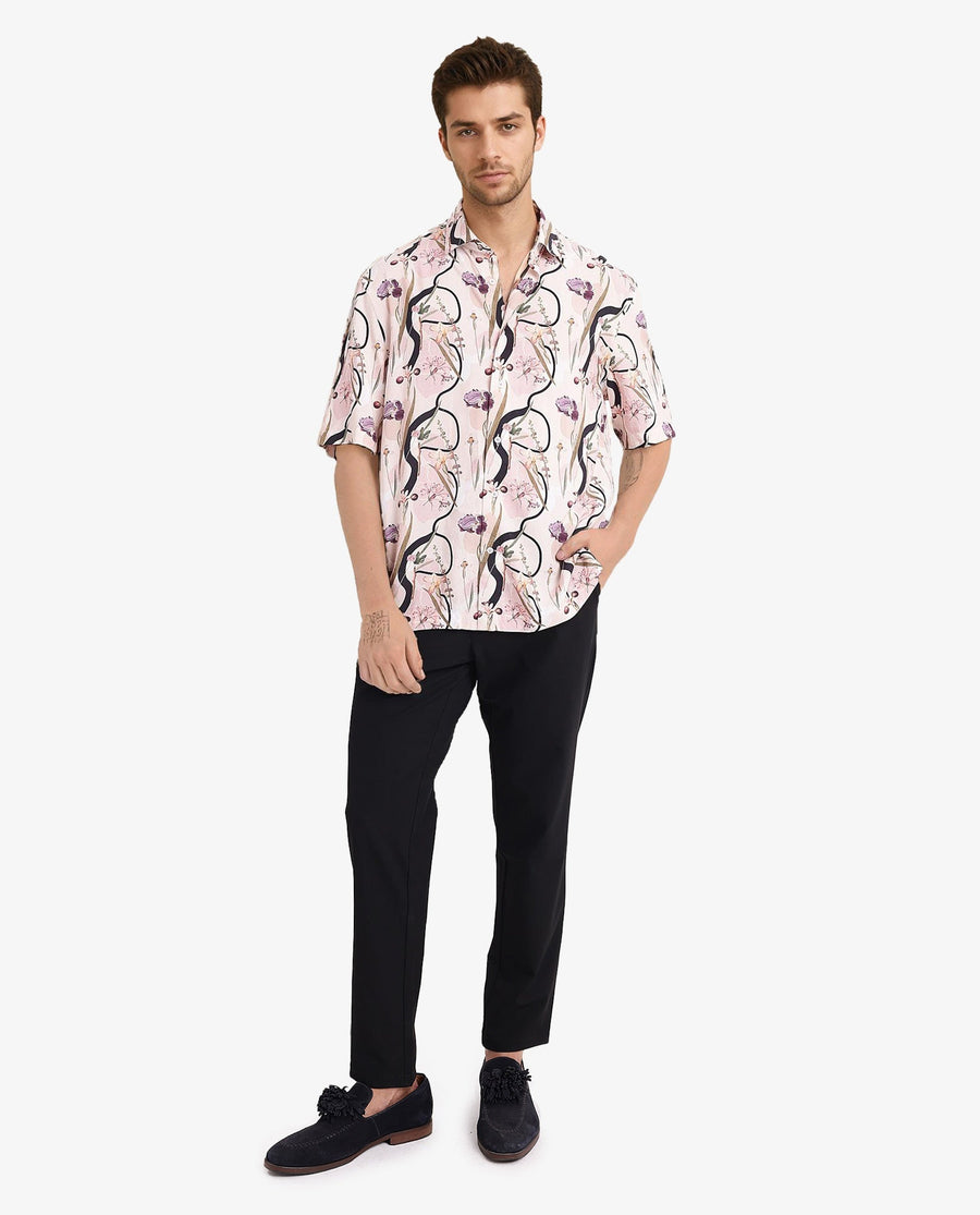 Rare Rabbit Men's Rigel Pastel Peach Viscose Floral Print Boxy Fit Half Sleeve Collared Shirt