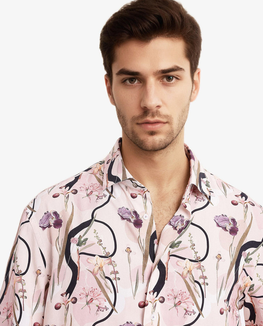 Rare Rabbit Men's Rigel Pastel Peach Viscose Floral Print Boxy Fit Half Sleeve Collared Shirt