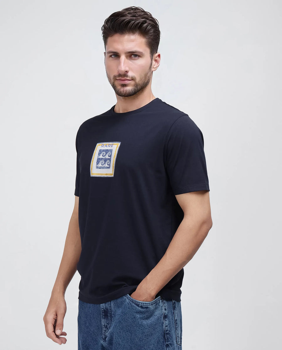 Rare Rabbit Men's Rek Navy Cotton Blend Graphic Print Regular Fit Half Sleeve Crew Neck T-Shirt