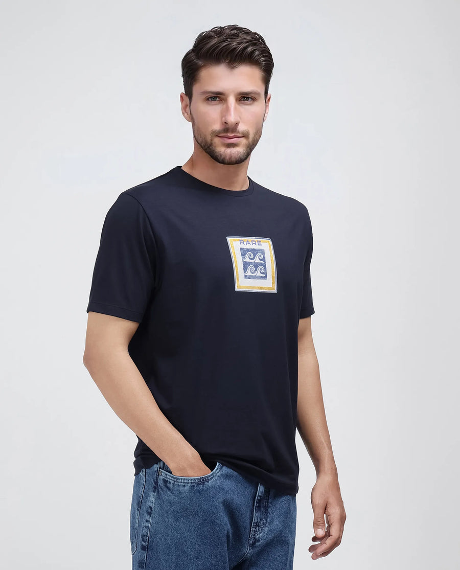 Rare Rabbit Men's Rek Navy Cotton Blend Graphic Print Regular Fit Half Sleeve Crew Neck T-Shirt
