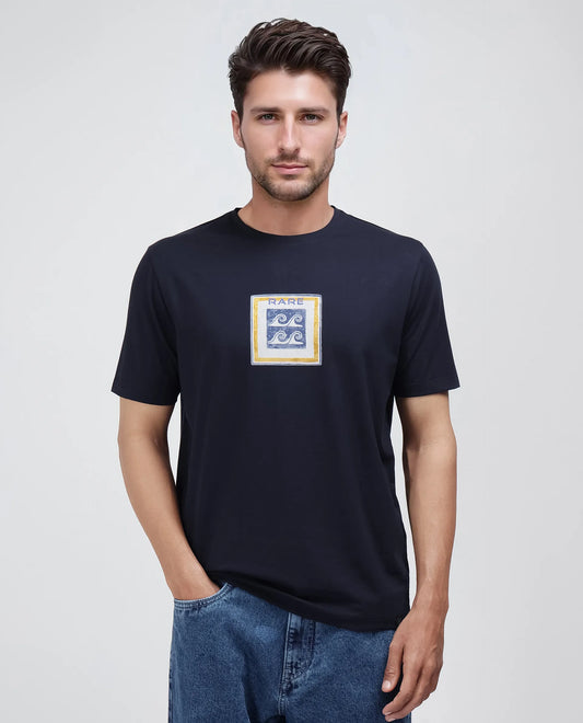 Rare Rabbit Men's Rek Navy Cotton Blend Graphic Print Regular Fit Half Sleeve Crew Neck T-Shirt