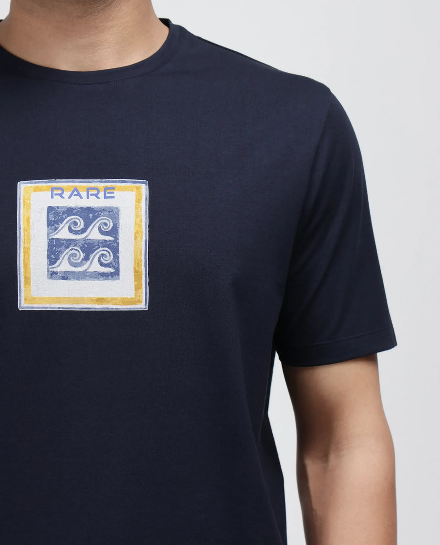Rare Rabbit Men's Rek Navy Cotton Blend Graphic Print Regular Fit Half Sleeve Crew Neck T-Shirt