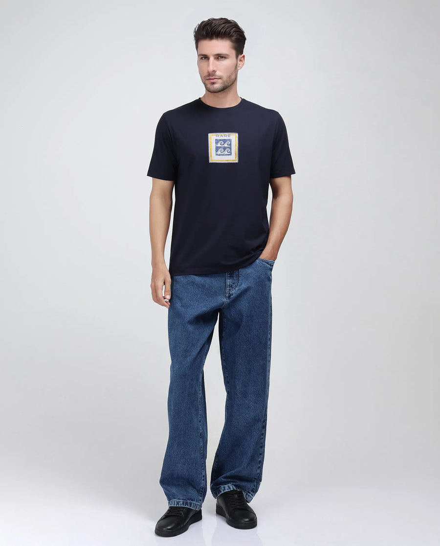 Rare Rabbit Men's Rek Navy Cotton Blend Graphic Print Regular Fit Half Sleeve Crew Neck T-Shirt