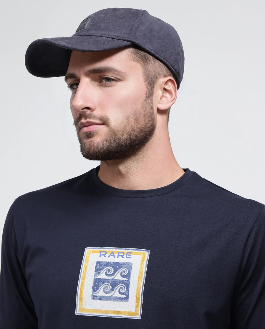 Rare Rabbit Men's Rek Navy Cotton Blend Graphic Print Regular Fit Half Sleeve Crew Neck T-Shirt