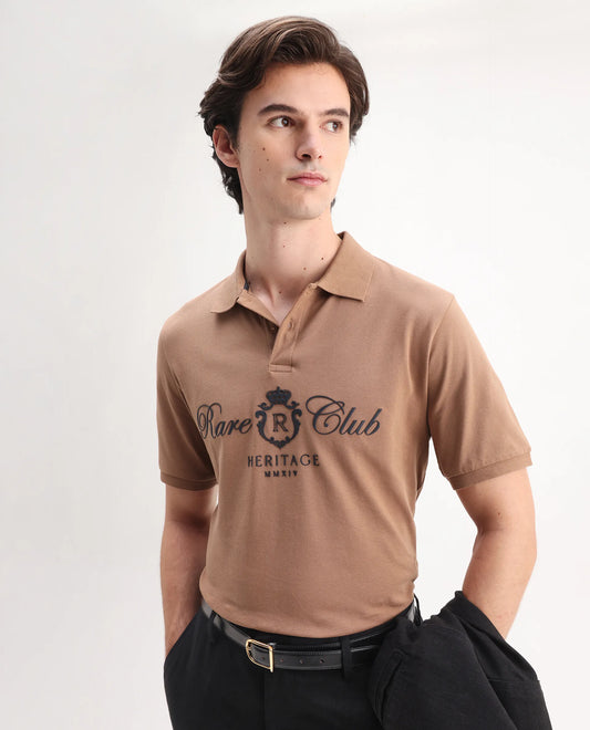 Rare Rabbit Men's Rem Light Brown Cotton Graphic Print Regular Fit Half Sleeve Polo