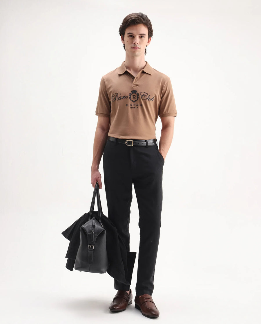 Rare Rabbit Men's Rem Light Brown Cotton Graphic Print Regular Fit Half Sleeve Polo