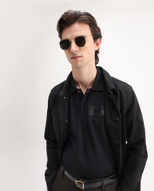 Rare Rabbit Men's Remo Black Cotton Blend Plain Regular Fit Half Sleeve Polo
