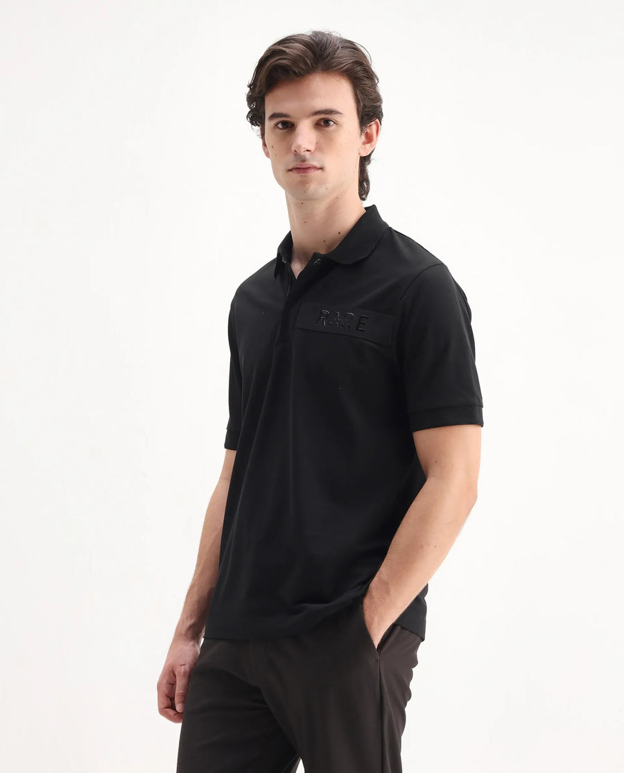 Rare Rabbit Men's Remo Black Cotton Blend Plain Regular Fit Half Sleeve Polo