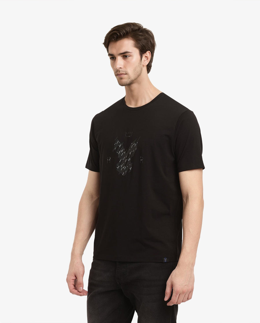 Rare Rabbit Men's Ranato Black Cotton Graphic Print Regular Fit Half Sleeve Crew Neck T-Shirt