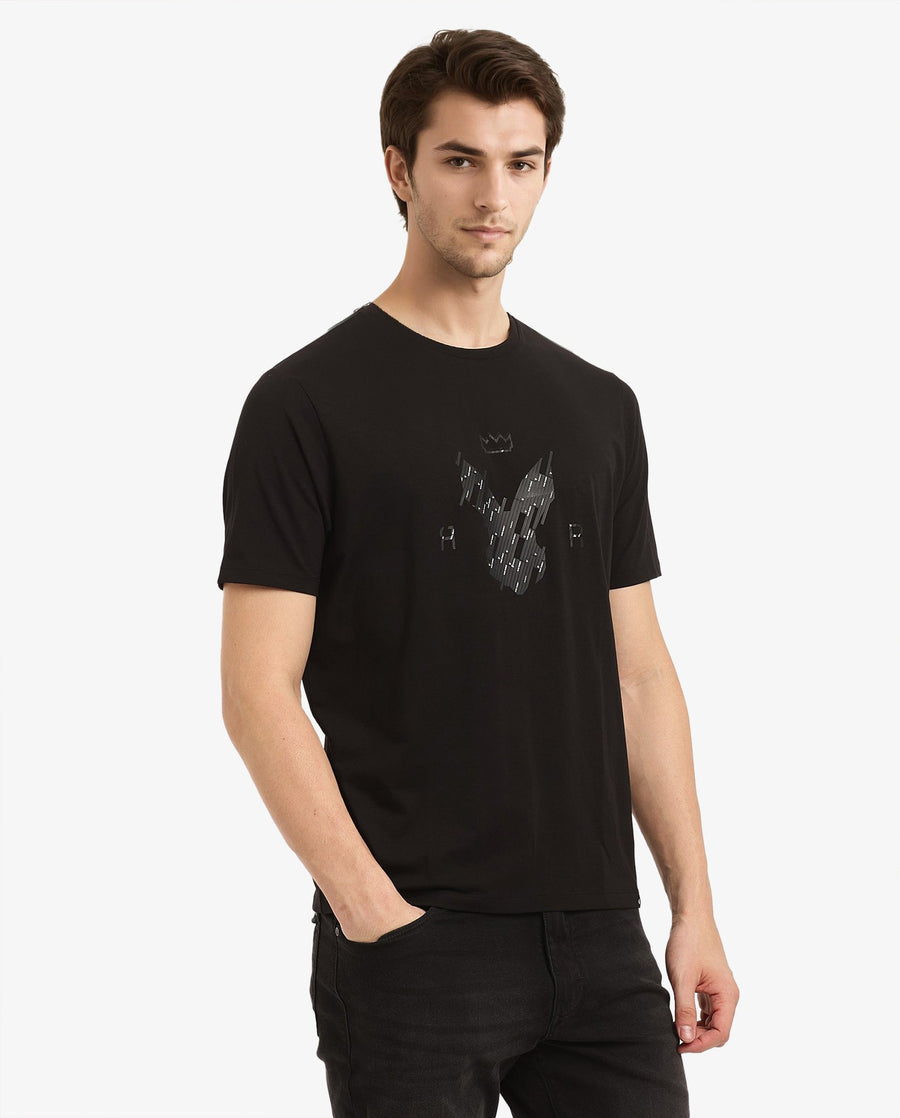 Rare Rabbit Men's Ranato Black Cotton Graphic Print Regular Fit Half Sleeve Crew Neck T-Shirt