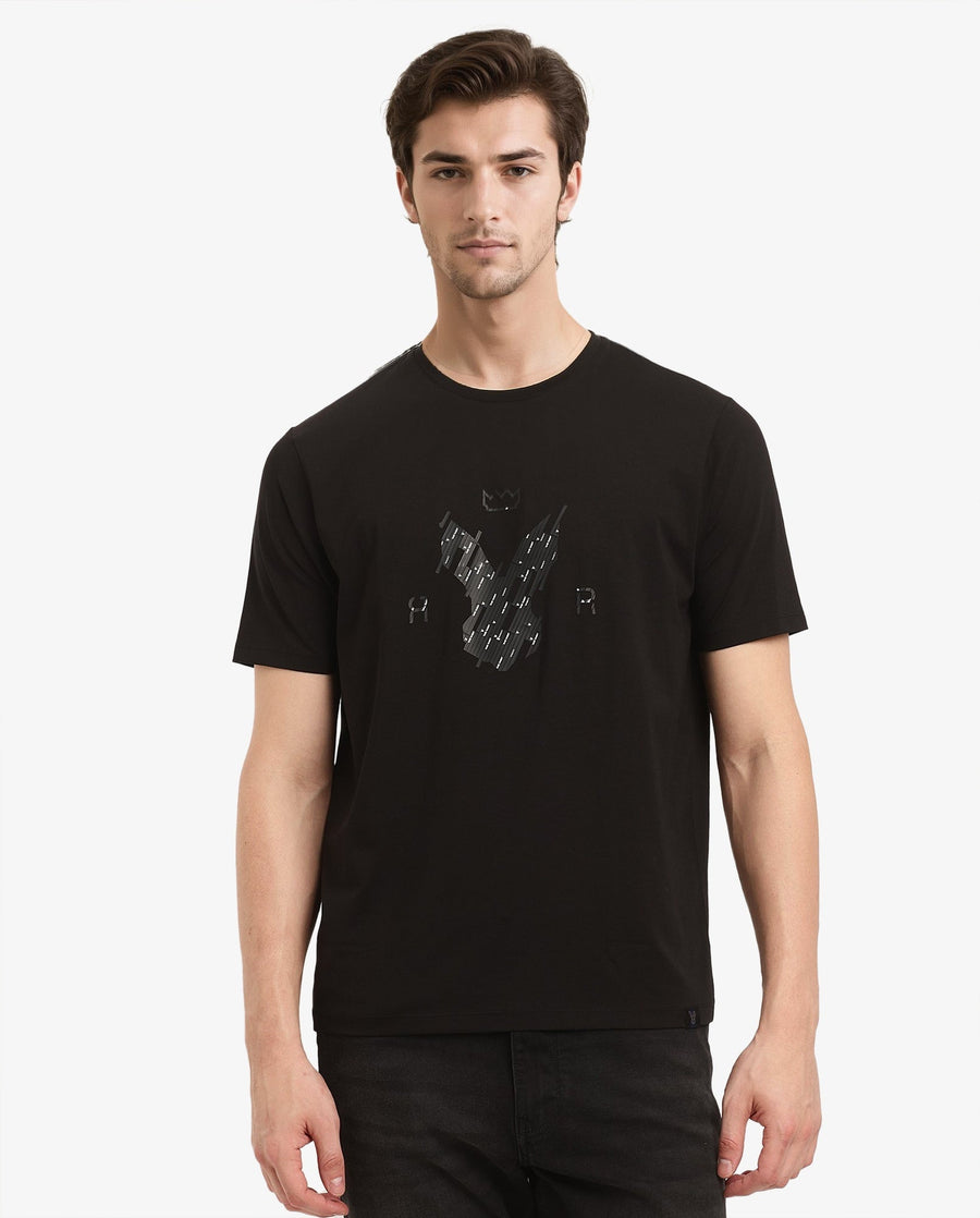 Rare Rabbit Men's Ranato Black Cotton Graphic Print Regular Fit Half Sleeve Crew Neck T-Shirt