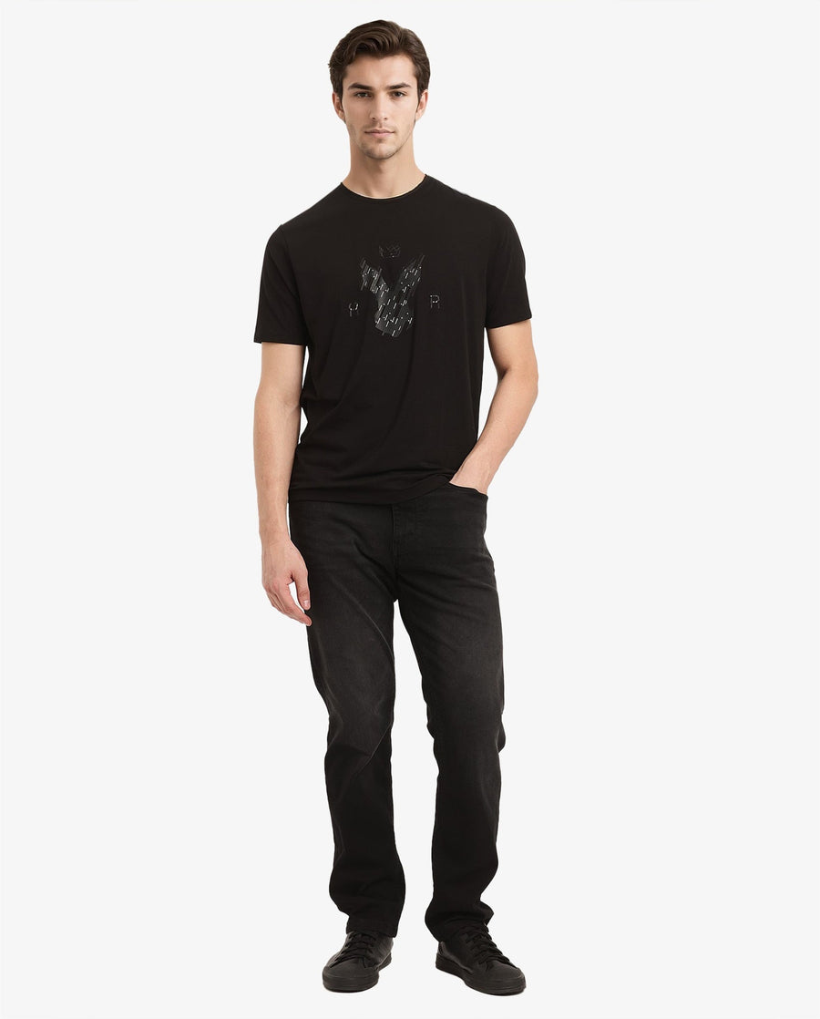 Rare Rabbit Men's Ranato Black Cotton Graphic Print Regular Fit Half Sleeve Crew Neck T-Shirt