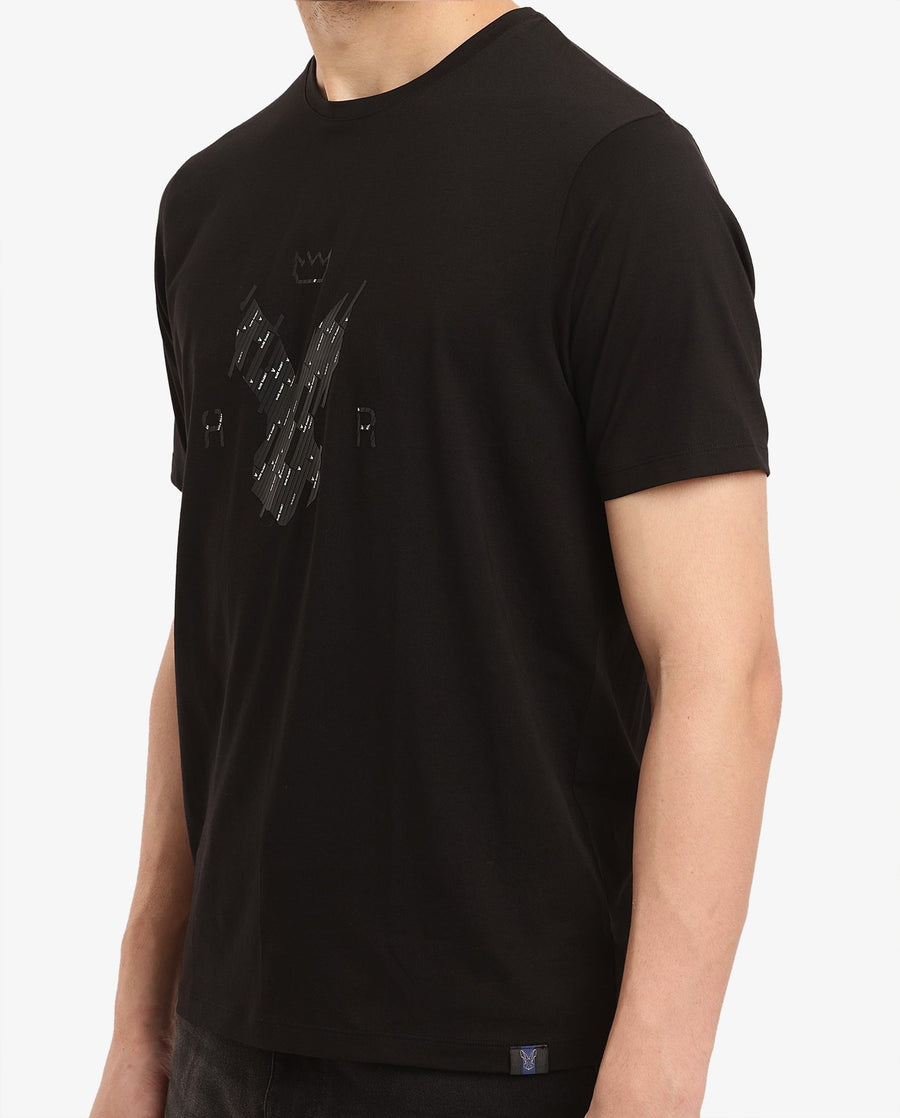 Rare Rabbit Men's Ranato Black Cotton Graphic Print Regular Fit Half Sleeve Crew Neck T-Shirt