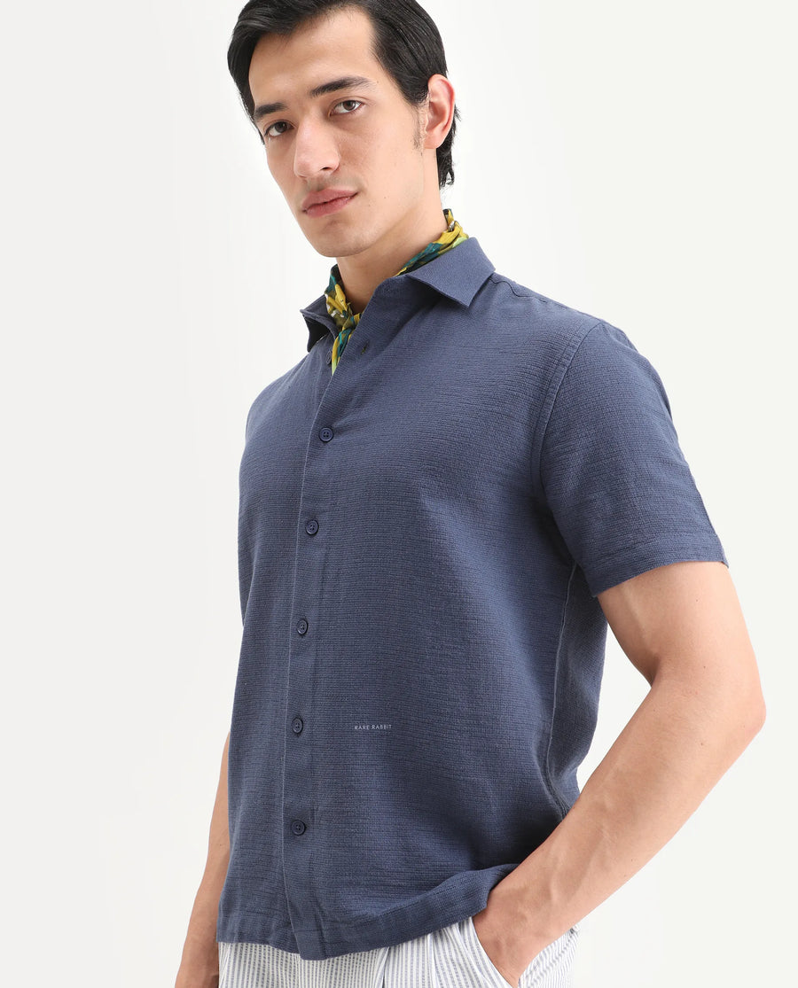 Rare Rabbit Men's Rends Dark Blue Cotton Fabric Half Sleeve Spread Collar Regular Fit Textured Shirt