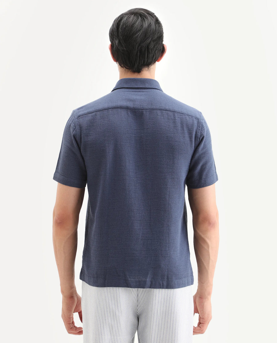 Rare Rabbit Men's Rends Dark Blue Cotton Fabric Half Sleeve Spread Collar Regular Fit Textured Shirt
