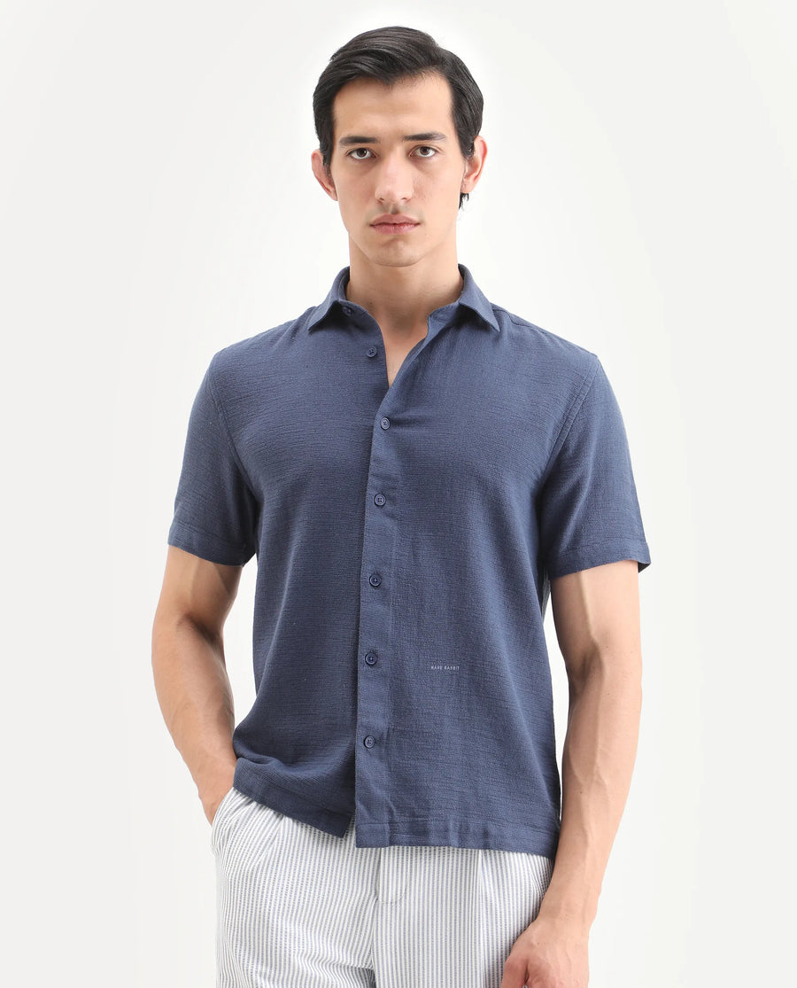 Rare Rabbit Men's Rends Dark Blue Cotton Fabric Half Sleeve Spread Collar Regular Fit Textured Shirt