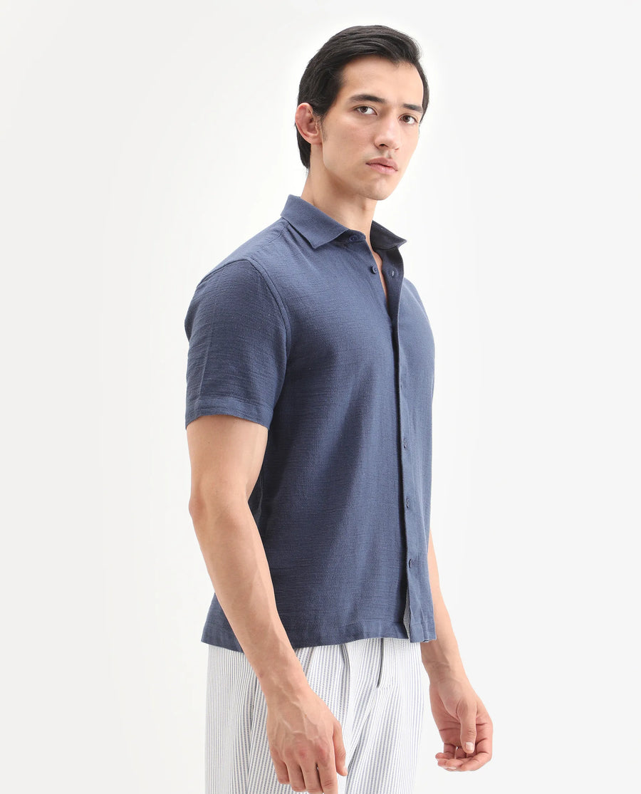 Rare Rabbit Men's Rends Dark Blue Cotton Fabric Half Sleeve Spread Collar Regular Fit Textured Shirt