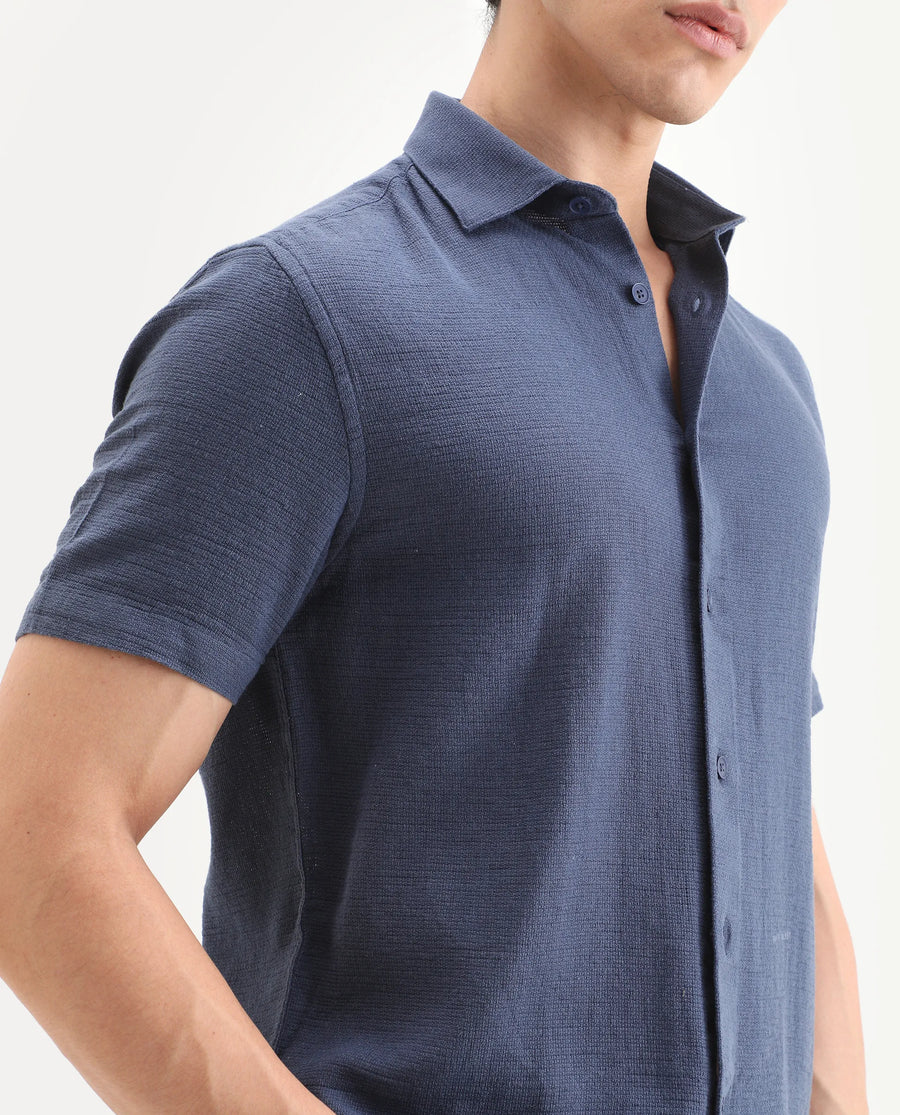 Rare Rabbit Men's Rends Dark Blue Cotton Fabric Half Sleeve Spread Collar Regular Fit Textured Shirt