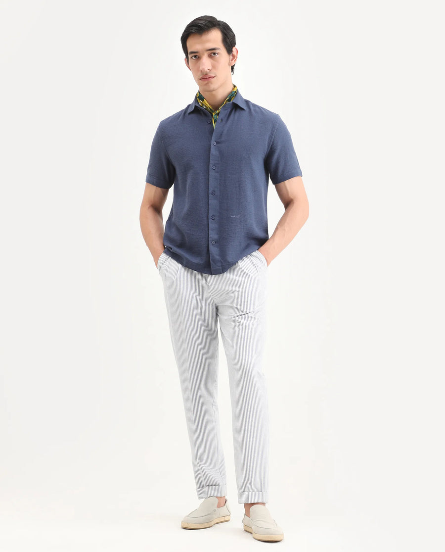 Rare Rabbit Men's Rends Dark Blue Cotton Fabric Half Sleeve Spread Collar Regular Fit Textured Shirt