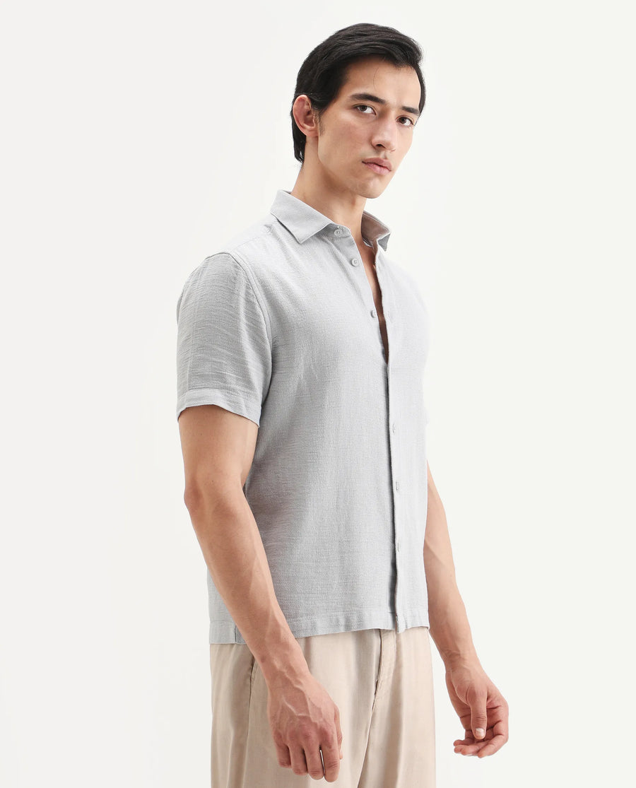 Rare Rabbit Men's Rends Light Grey Cotton Fabric Half Sleeve Spread Collar Regular Fit Textured Shirt