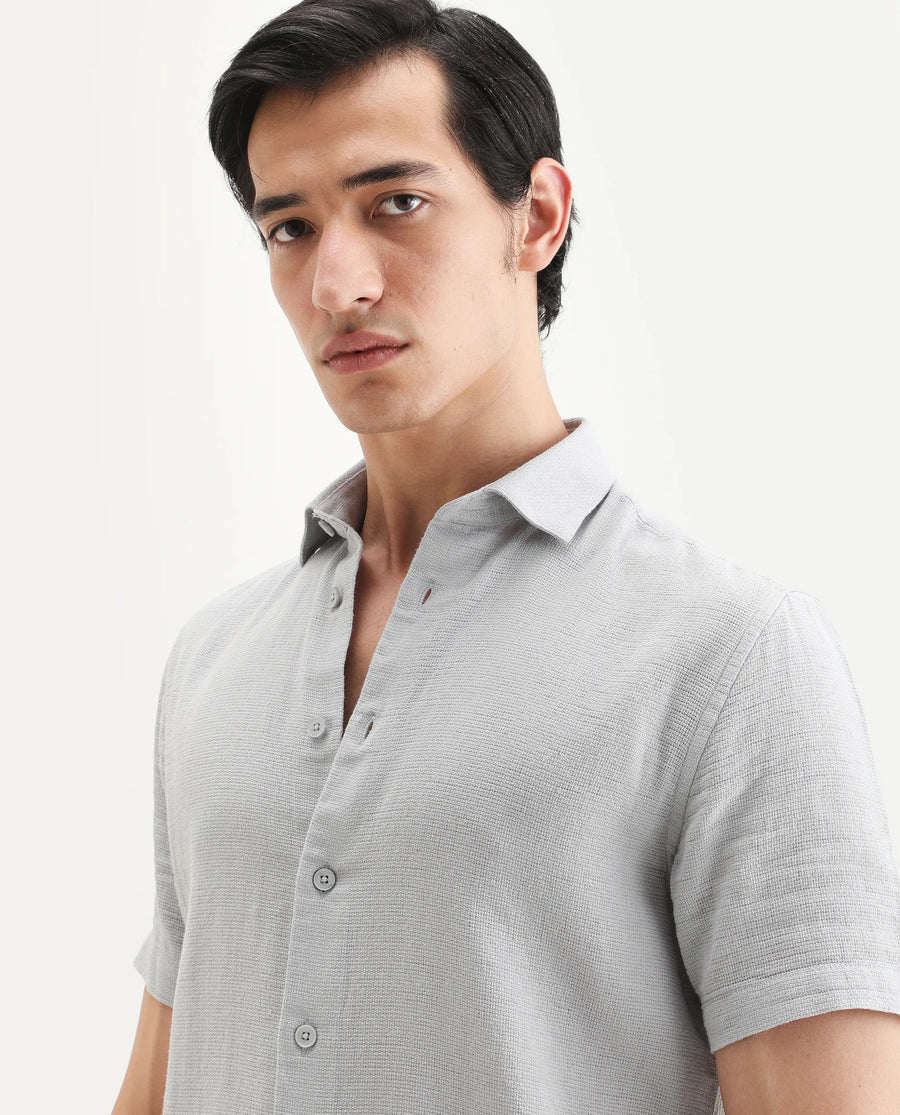 Rare Rabbit Men's Rends Light Grey Cotton Fabric Half Sleeve Spread Collar Regular Fit Textured Shirt