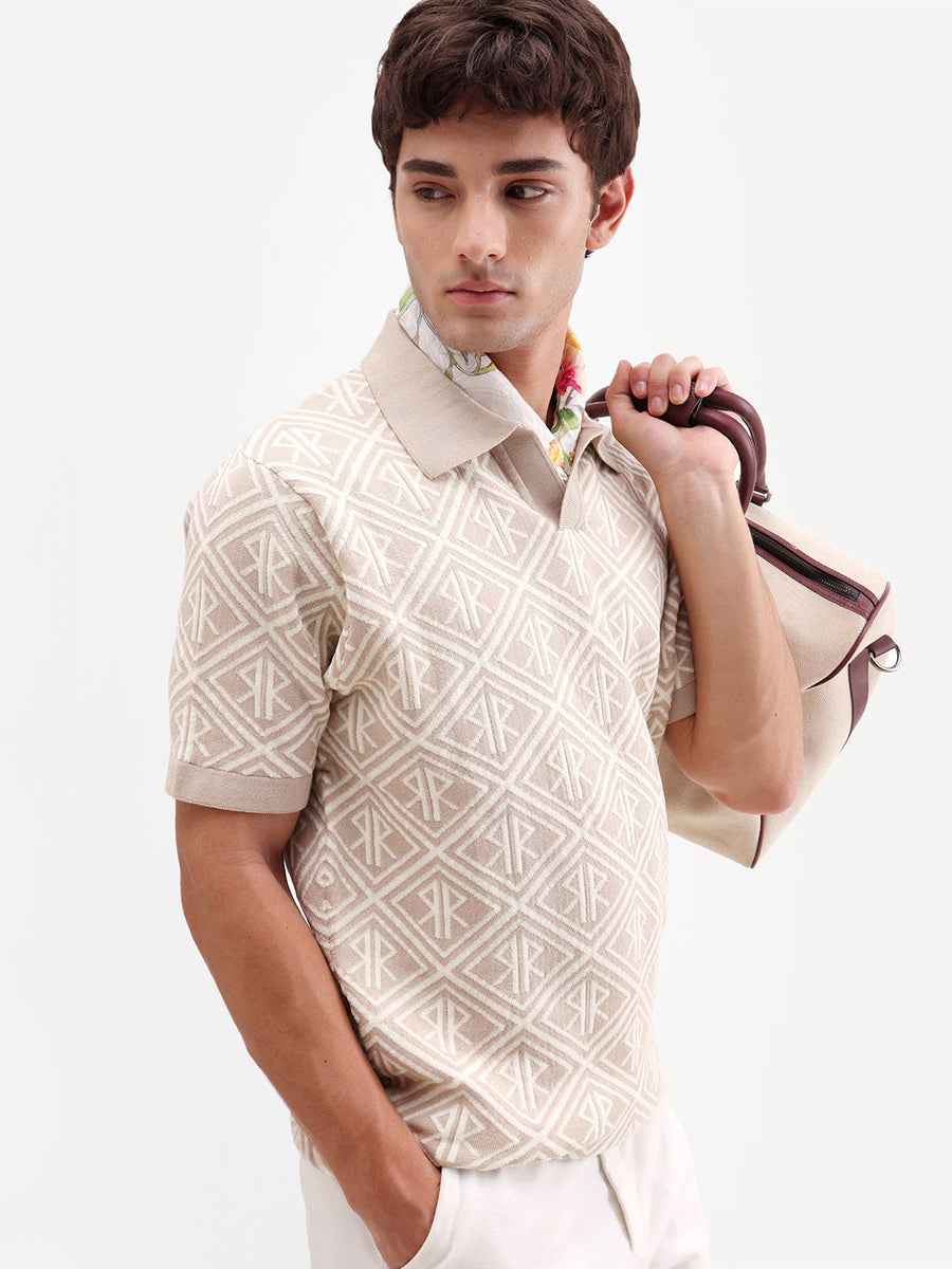 Rare Rabbit Men's Rene Beige Cotton Blend Johnny Collar Regular Jacquard Polo