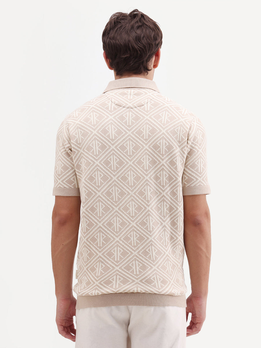Rare Rabbit Men's Rene Beige Cotton Blend Johnny Collar Regular Jacquard Polo