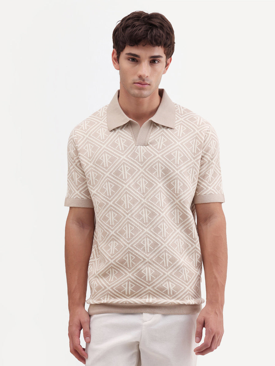 Rare Rabbit Men's Rene Beige Cotton Blend Johnny Collar Regular Jacquard Polo