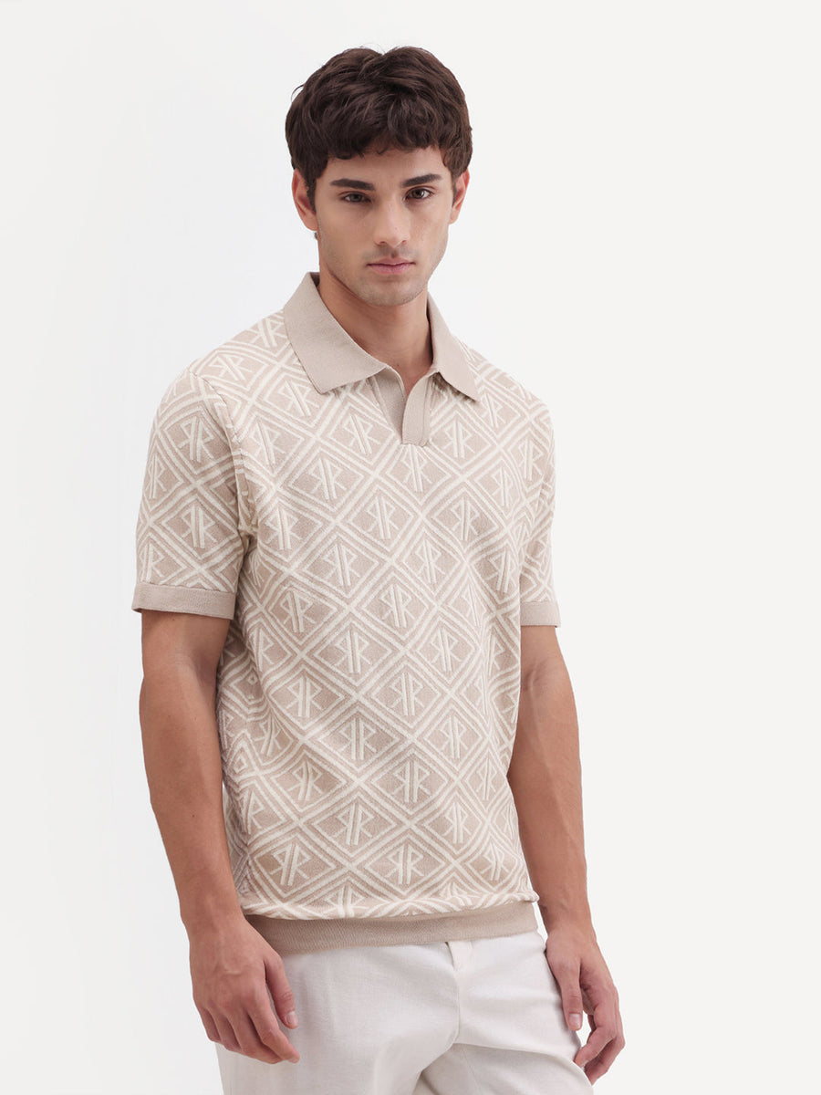 Rare Rabbit Men's Rene Beige Cotton Blend Johnny Collar Regular Jacquard Polo