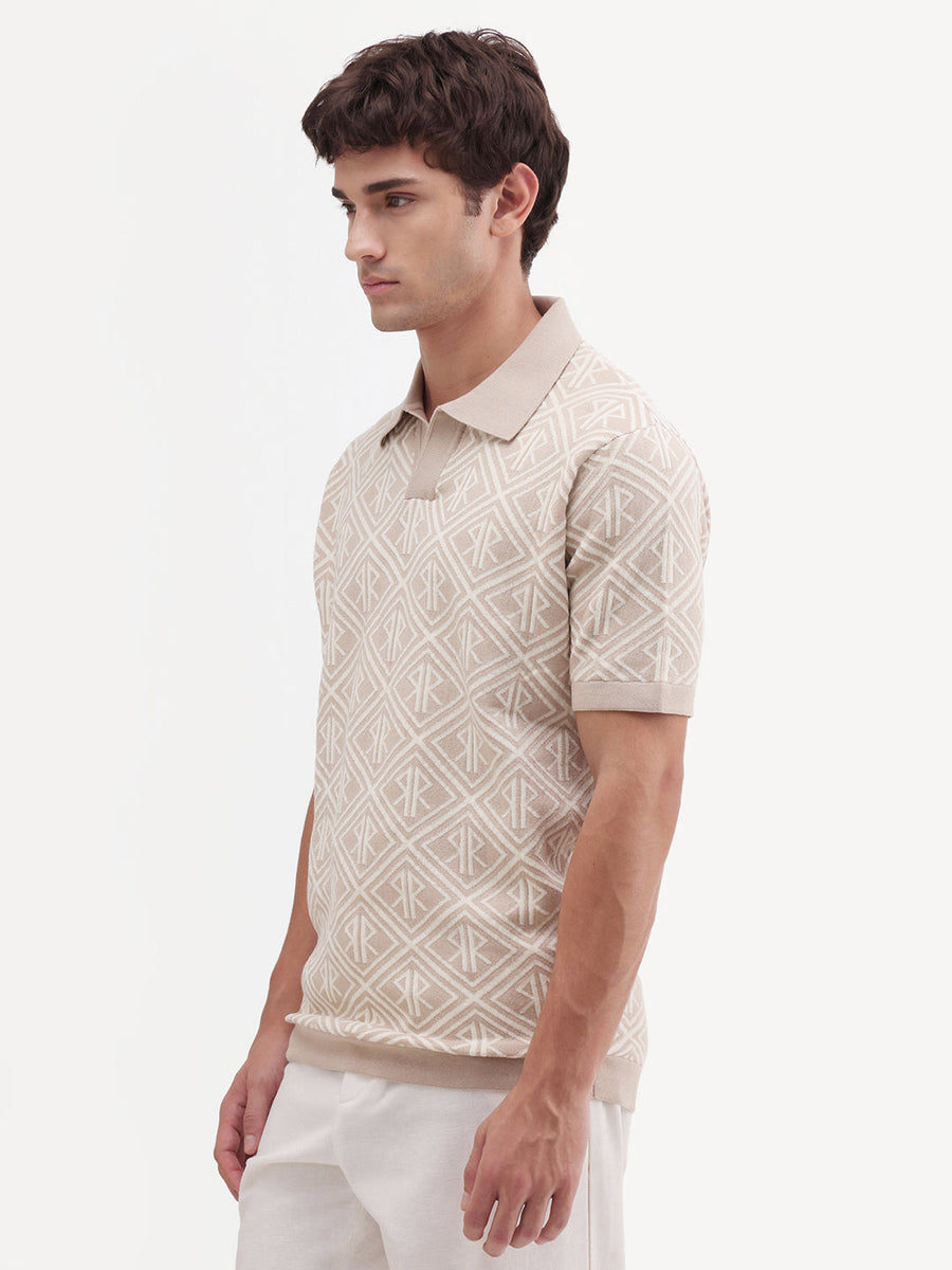 Rare Rabbit Men's Rene Beige Cotton Blend Johnny Collar Regular Jacquard Polo