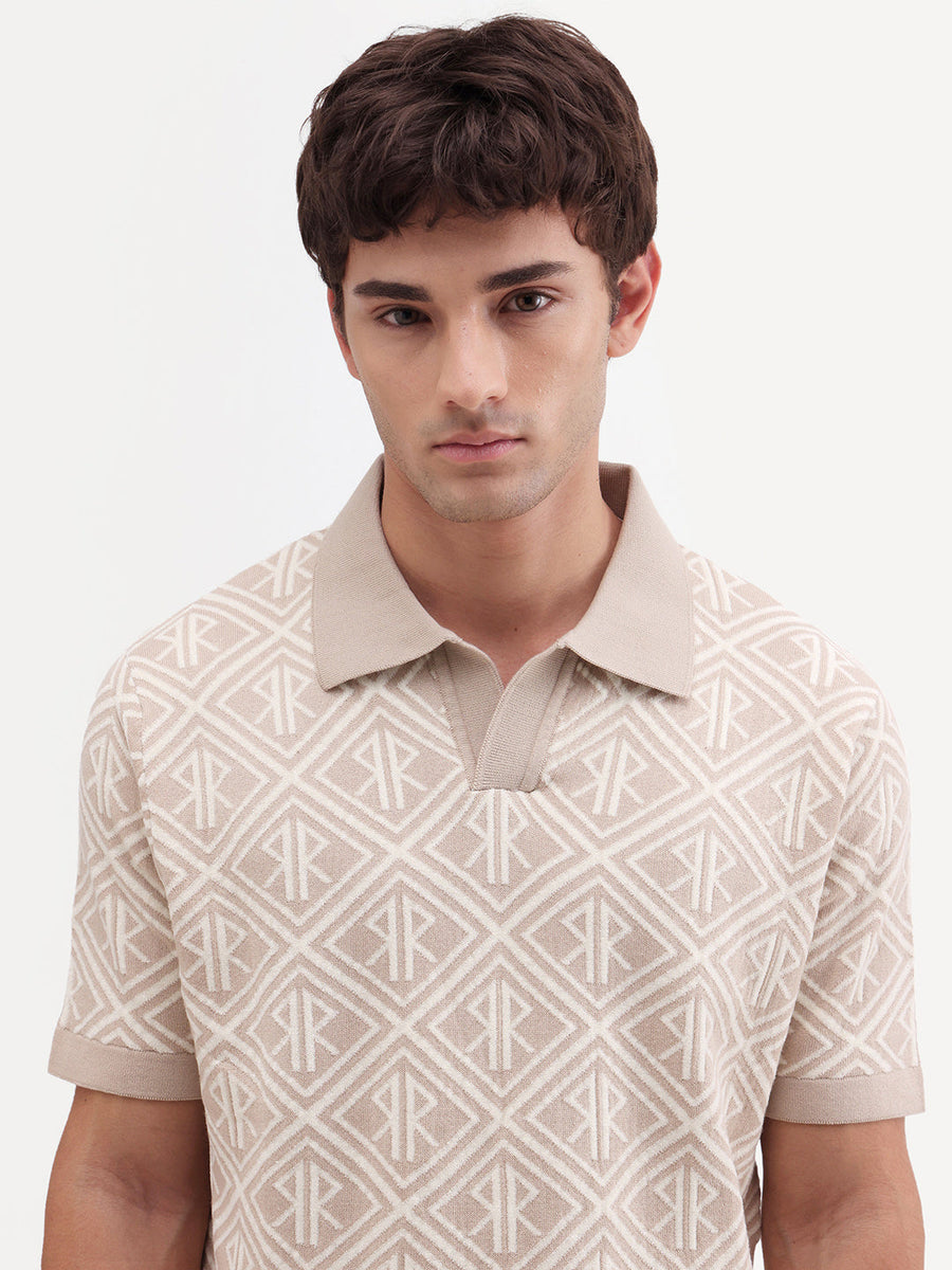 Rare Rabbit Men's Rene Beige Cotton Blend Johnny Collar Regular Jacquard Polo