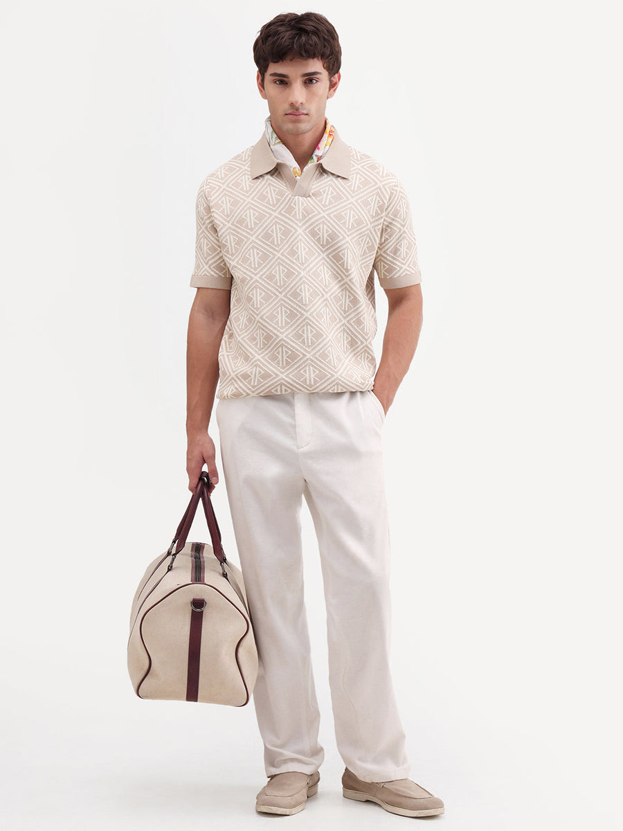Rare Rabbit Men's Rene Beige Cotton Blend Johnny Collar Regular Jacquard Polo
